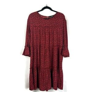 Ditsy Red/Black Print Tiered Ruffle Midi Dress Size Large Cottage Suzanne Betro